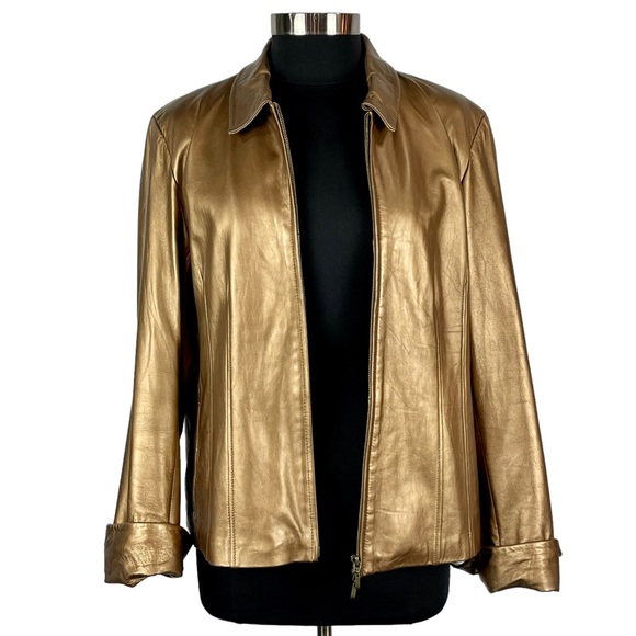 COLDWATER CREEK Y2K BRONZE METALLIC LEATHER ZIP UP COLLARED JACKET - Picture 2 of 15